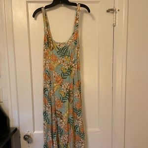 Rip Curl Tank Maxi Dress w/tie back, size M, Fern and Floral Print on Sky Blue